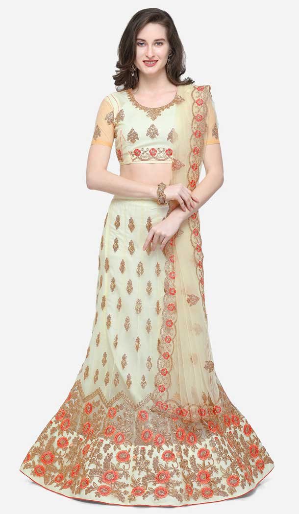 Cream Color Net Designer A line Party Wear Lehenga Choli -720789275