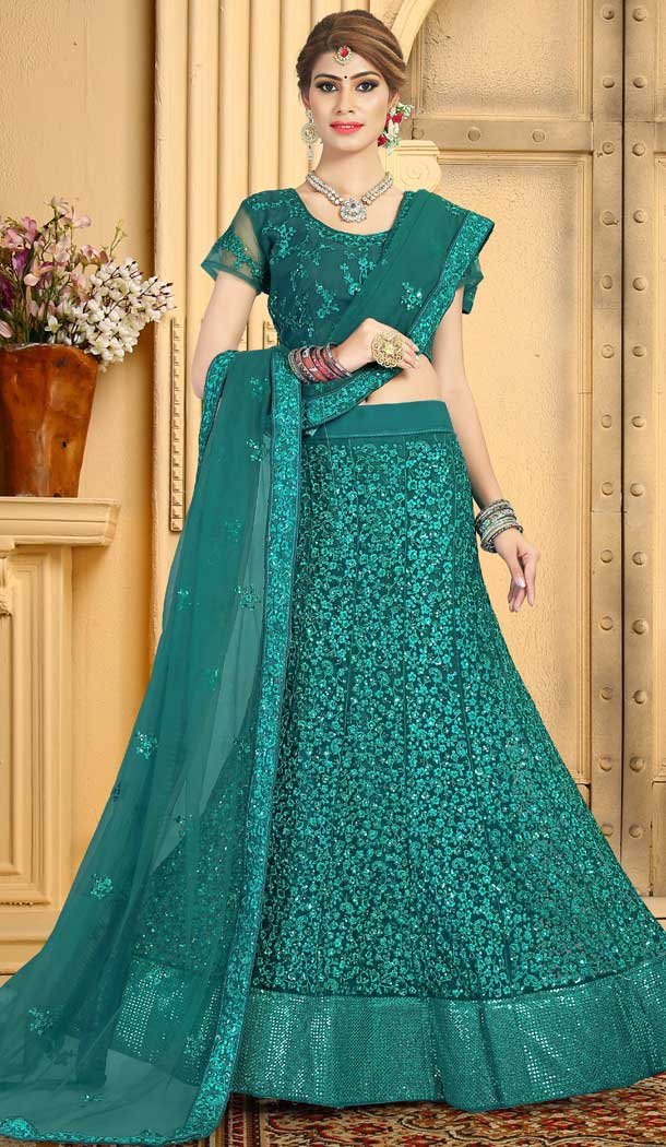 Teal Green Color Net Designer Traditional Party Wear Lehenga Choli -720689271