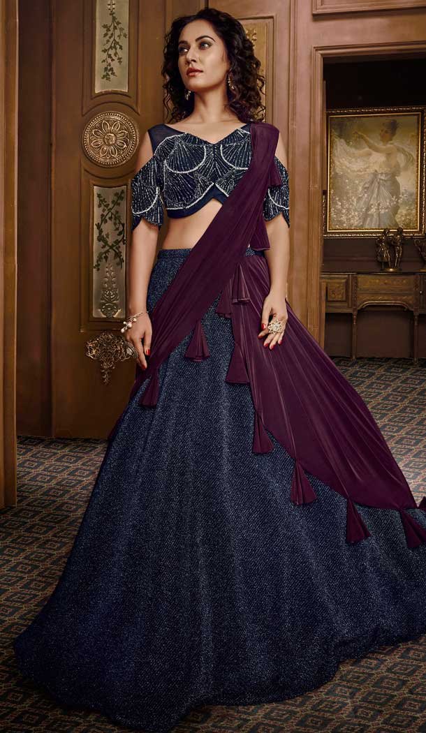 Navy Blue Color Lycra Designer Reception Party Wear Lehenga Choli -724089694