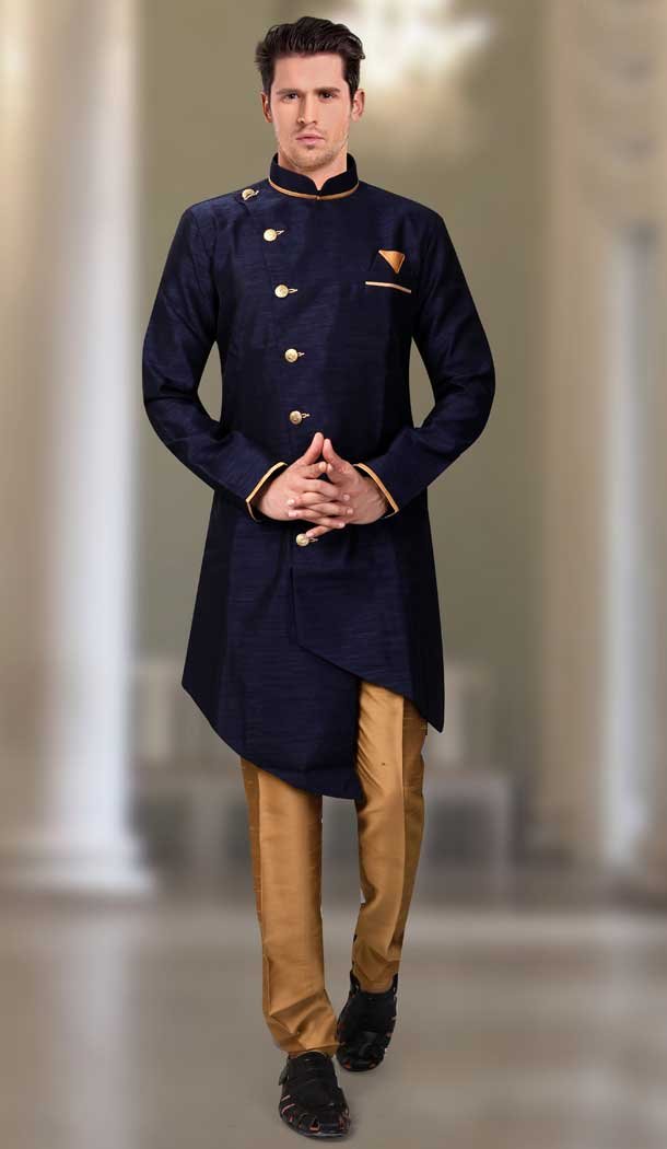 Navy Blue Color Silk Designer Readymade Indo Weastern Plus Size Sherwani -724189705