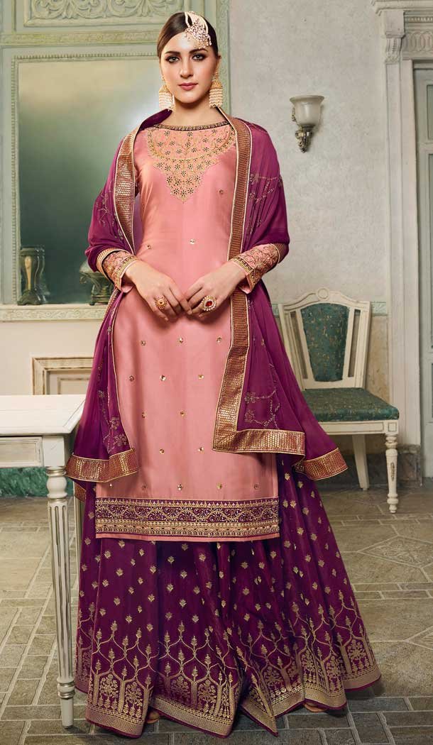 Peach Color Modal Satin Silk Deisnger Pakitani Palazzo Suit -726189910