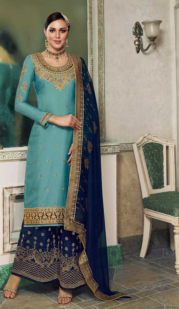 Sky Blue Color Modal Satin Silk Deisnger Pakitani Palazzo Suit -726189913