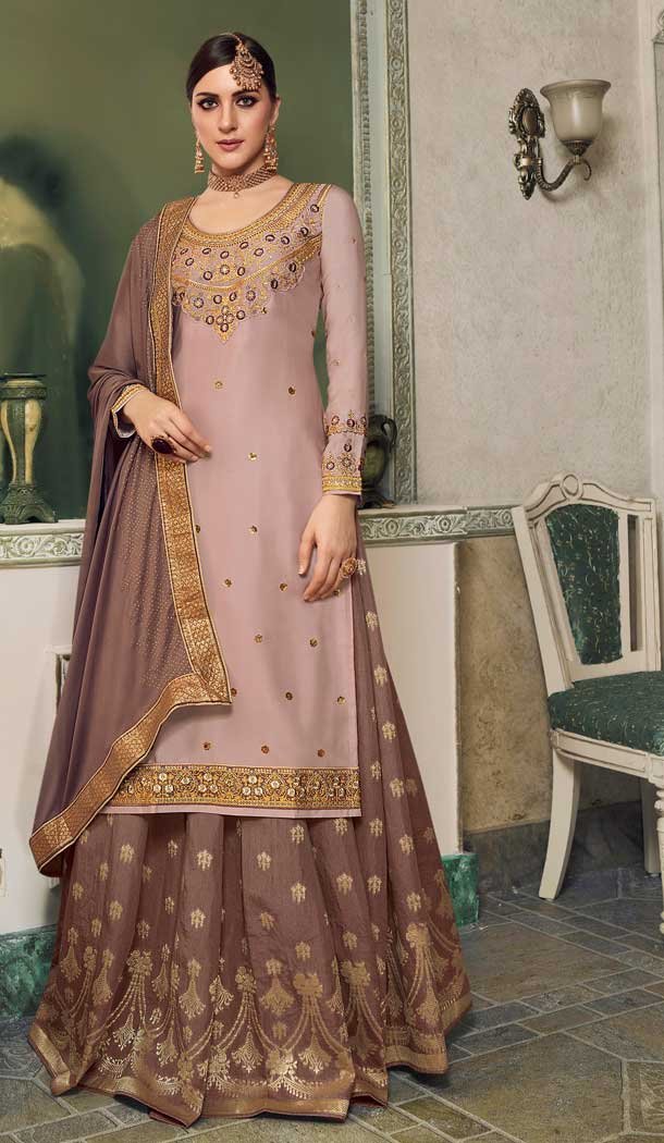 Light Pink Color Modal Satin Silk Deisnger Pakitani Palazzo Suit -726189914
