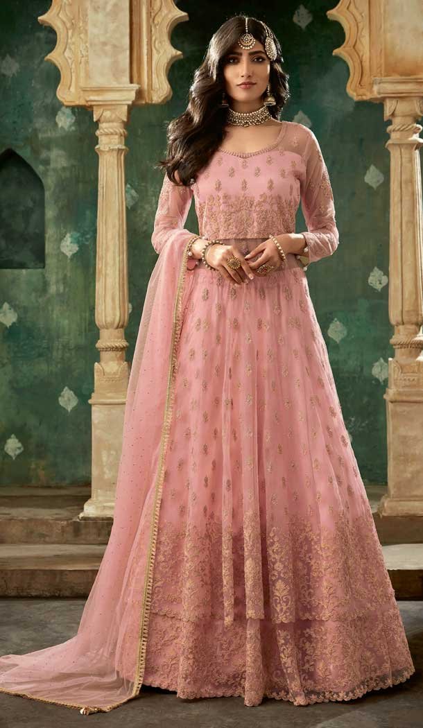 Peach Color Net Heavy Embroidery Designer Wear Lehenga Suit -727089985