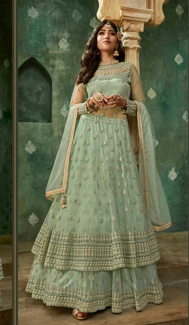 Sea Green Color Net Heavy Embroidery Designer Wear Lehenga Suit -727089988