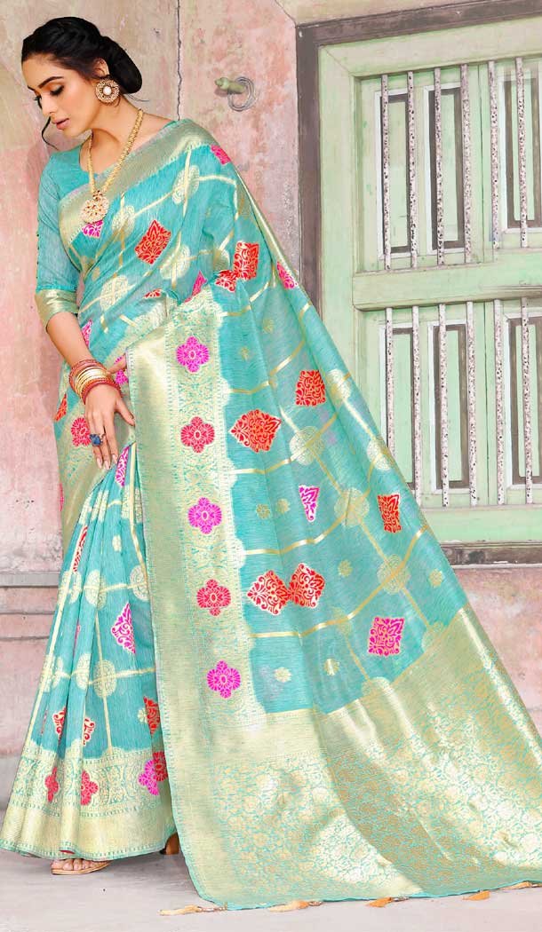 Sky Blue Color Weaving Zari Silk Traditional Wear Saree Blouse -727290002