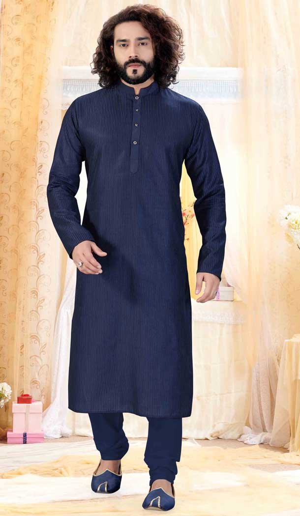 Navy Blue Color Cotton Silk Designer Mens Readymade Kurta Pajama -728390167