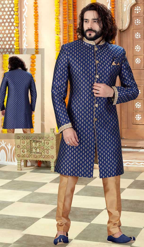 Navy Blue Color Printed Art Silk Designer Indo Western Mens Sherwani -731690562