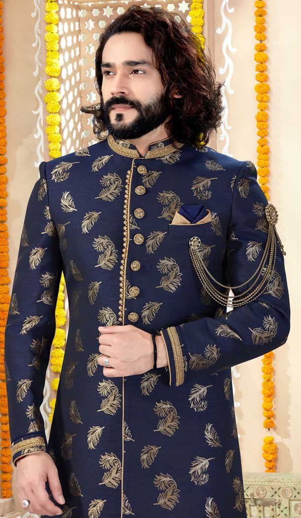 Charming Navy Blue Color Banarasi Silk Designer Indo Western Mens Sherwani -731690564
