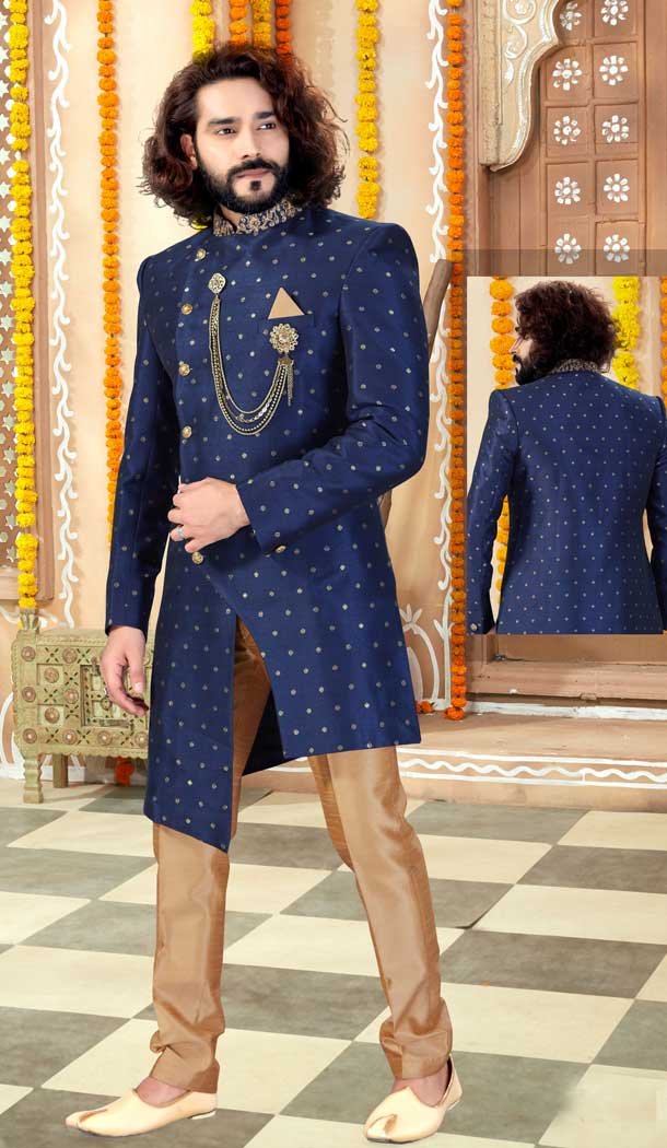Navy Blue Color Chanderi Jacquard Designer Indo Western Mens Sherwani -731690575