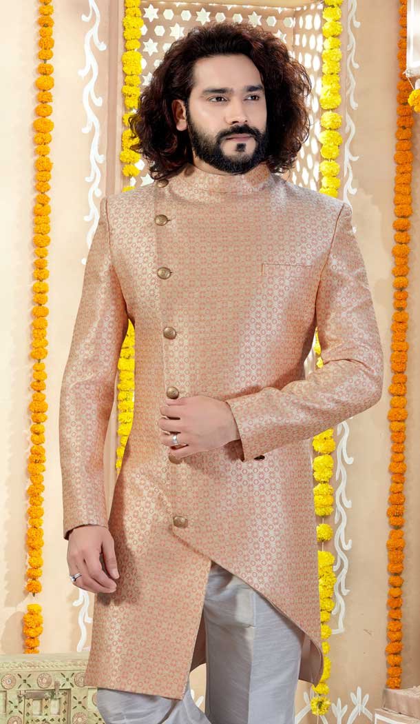 Peach Color Jaquard Indo Western Mens Wear Sherwani -731790597