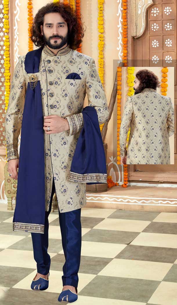 Ethnic Gold Color Jaquard Indo Western Mens Wear Sherwani -731790600