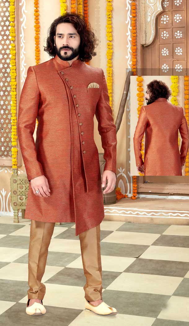Glamorous Rust Color Imported Silk Indo Western Mens Wear Sherwani -731790603