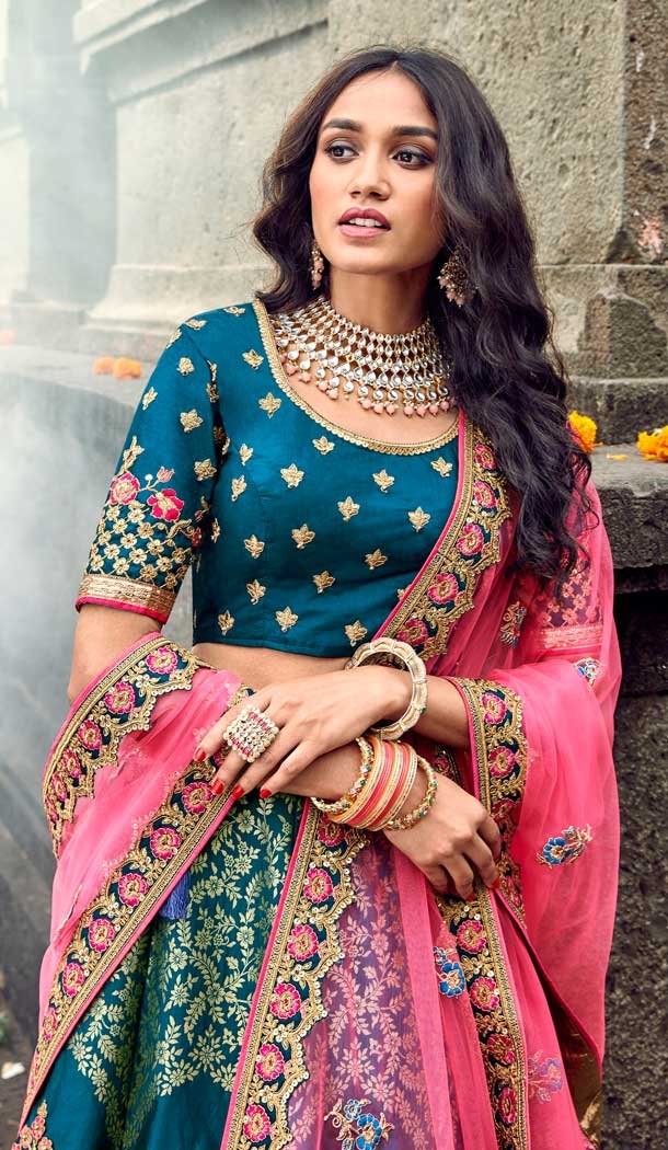 Teal Blue Color Silk Designer Bridal Wedding Lehenga Choli -732390664
