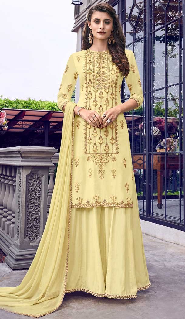 Light Yellow Colour Muslin Designer Party Wear Plazzo Suit -730090421