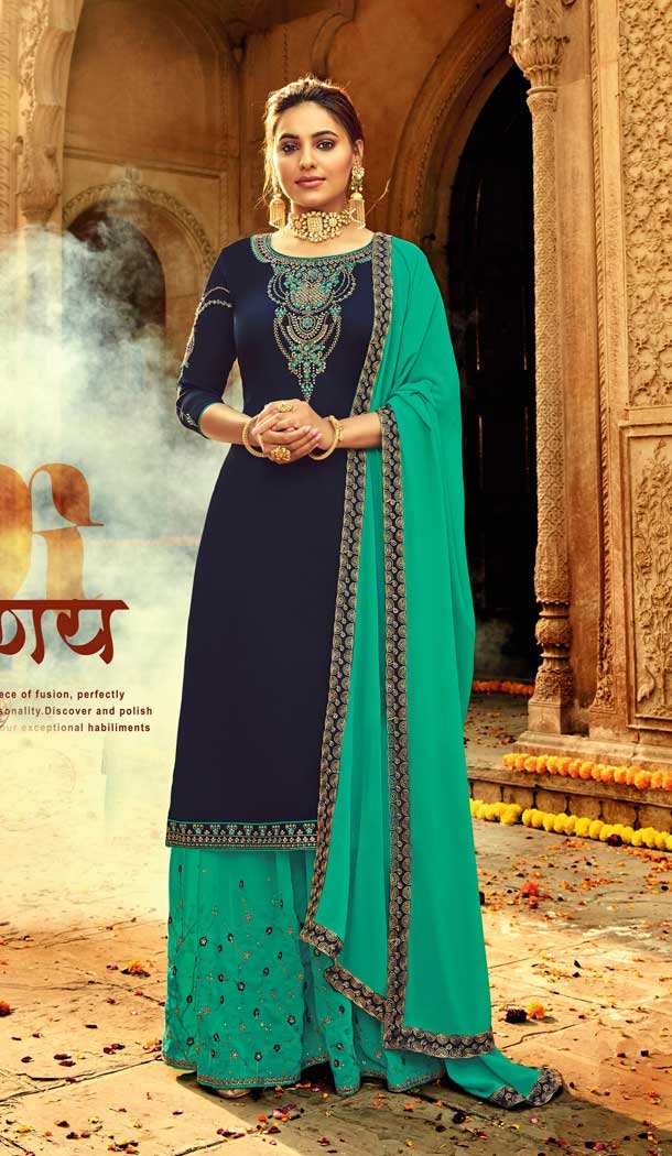 Navy Blue Colour Pure Satin Georgette Designer Party Wear Lehenga Suit -730890479
