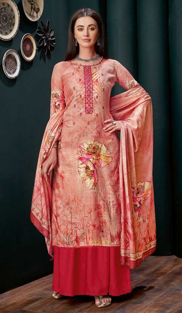 Peach Colour Pure Zam Slub Casual Party Wear Palazzo Salwar Suit -730990488