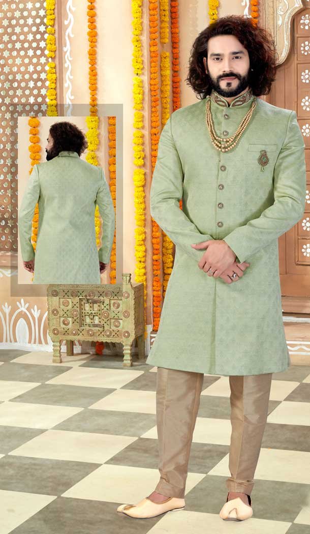 Pista Green Color Jacquard Designer Indo Western Readymade Sherwani -731890606