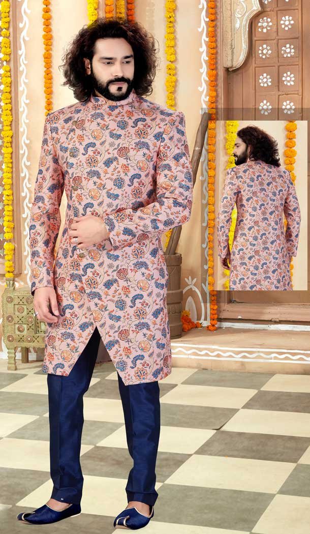 Peach Color Printed Silk Designer Indo Western Readymade Sherwani -731890607
