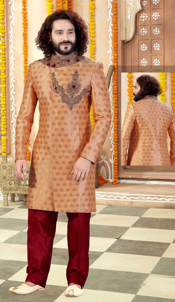 Peach Color Jacquard Designer Indo Western Readymade Sherwani -731890612