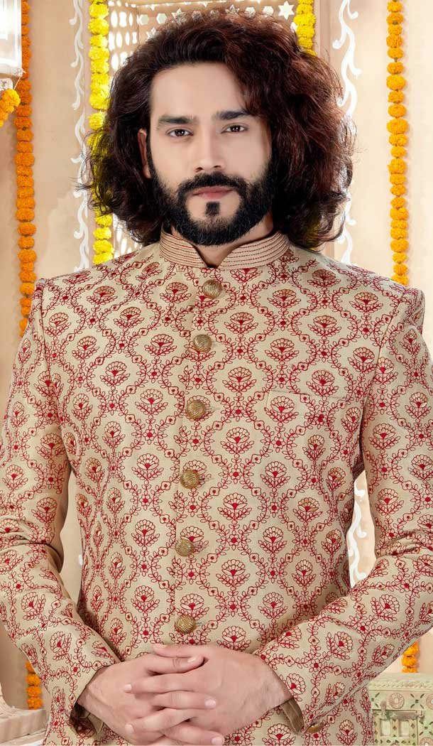 Light Gold Color Art Silk Designer Indo Western Readymade Sherwani -731890618
