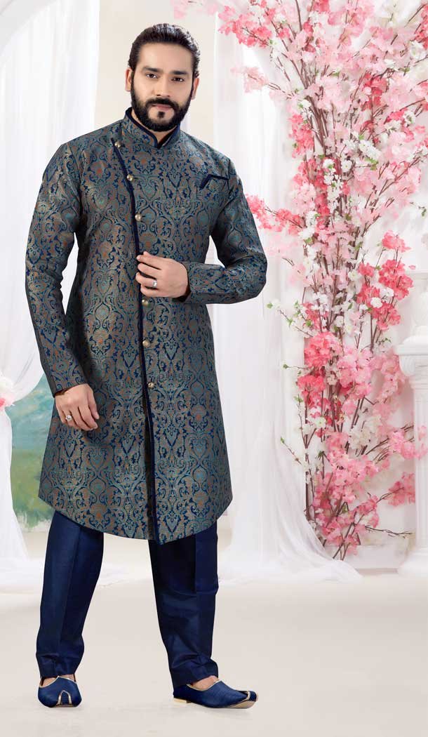 Navy Blue Color Jacquard Designer Men Indowesturn Plus Size Sherwani -731990631