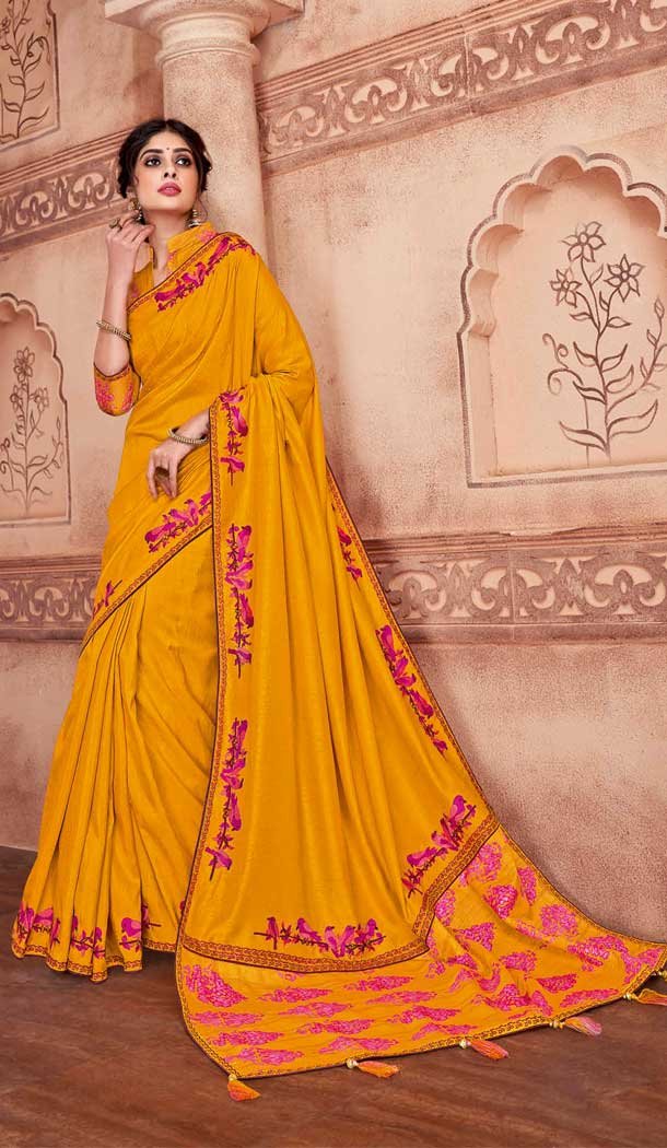 Musterd Colour Poly Silk Designer Party Wear Indian Saree Blouse -733190830