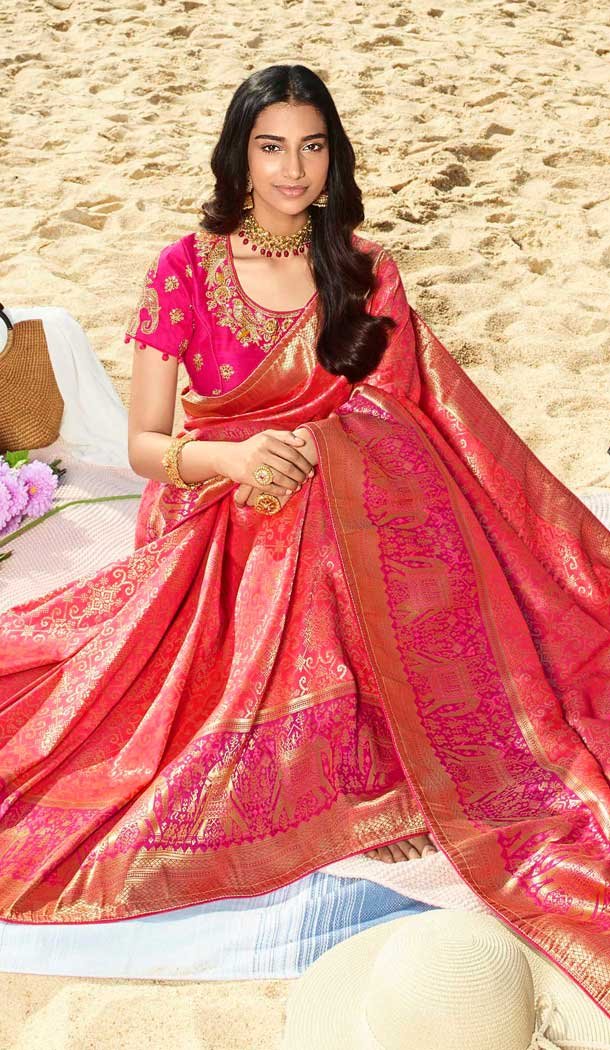 Stunning Peach Color Pure Silk Jacquard Designer Traditional Wear Saree -734290958