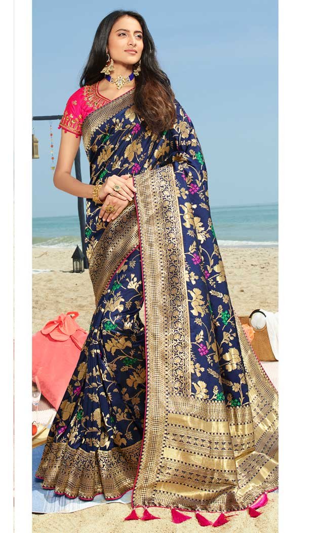 Blue Color Pure Silk Jacquard Designer Traditional Wear Saree -734290963
