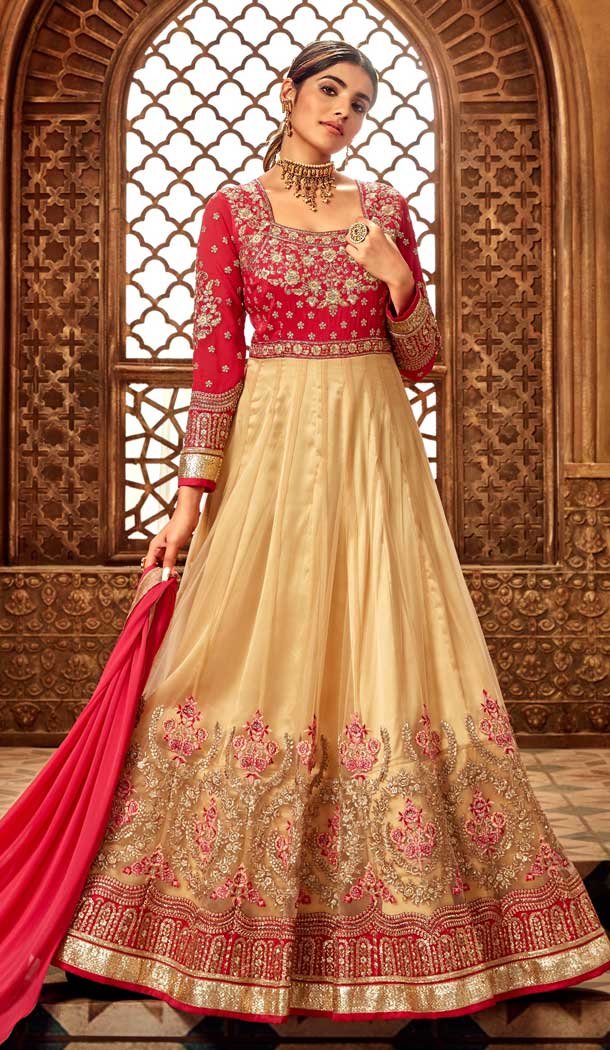 Pink Cream Color Butterfly Net Designer Long Anarkali Salwar Kameez -736291129