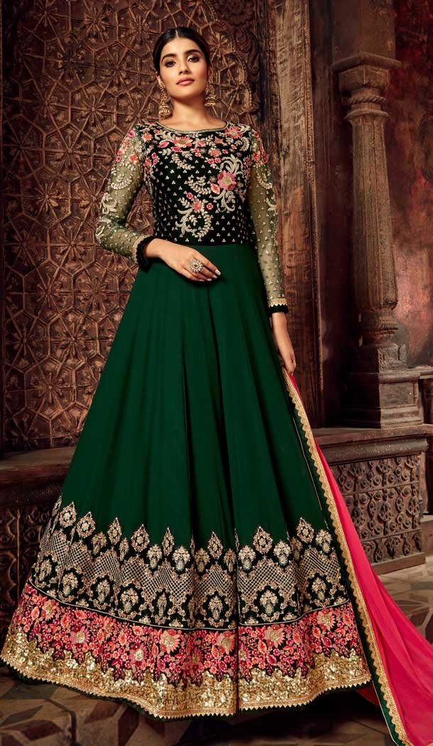 Green Color Pure Georgette Designer Long Anarkali Salwar Kameez -736291130