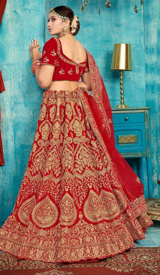 Red Color Velvet Designer Sangeet Ceremony Wear Lehenga Choli -737191211