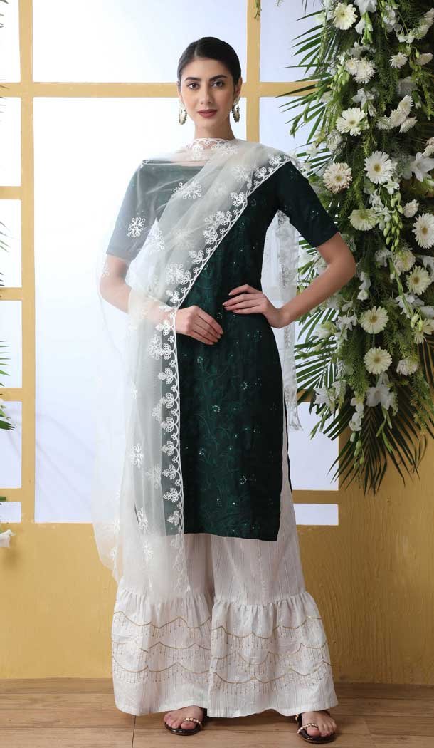 Green Color Soft Cotton Designer Party Wear Sharara Suit -740391583