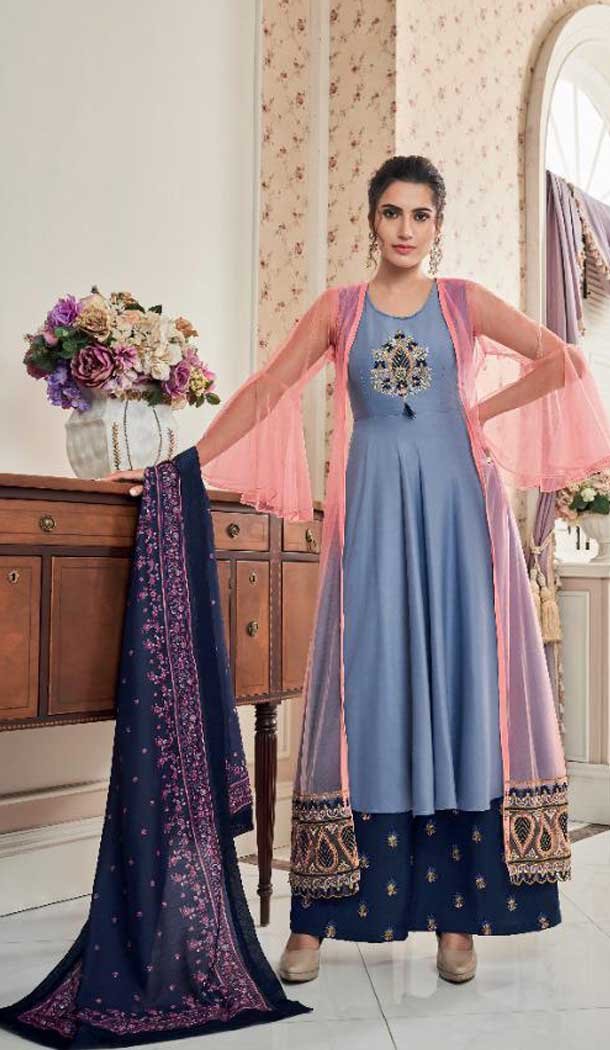 Blue Pink Color Heavy Maslin With Net Party Wear Palazzo Suit -740991658