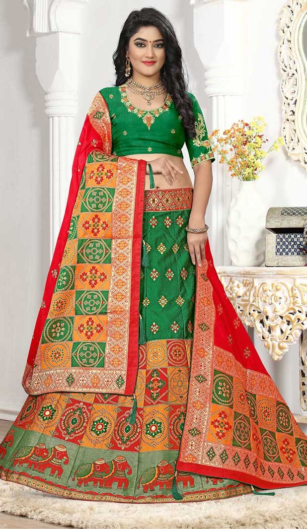 Green Color Silk Jacquard Designer Bridal Wear Lehenga Choli -741491705