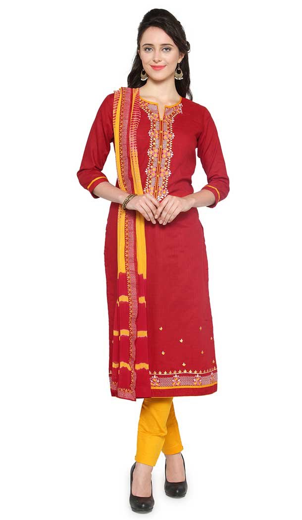 Red Color Jacquard Cotton Casual Party Wear Salwar Kameez -727890100