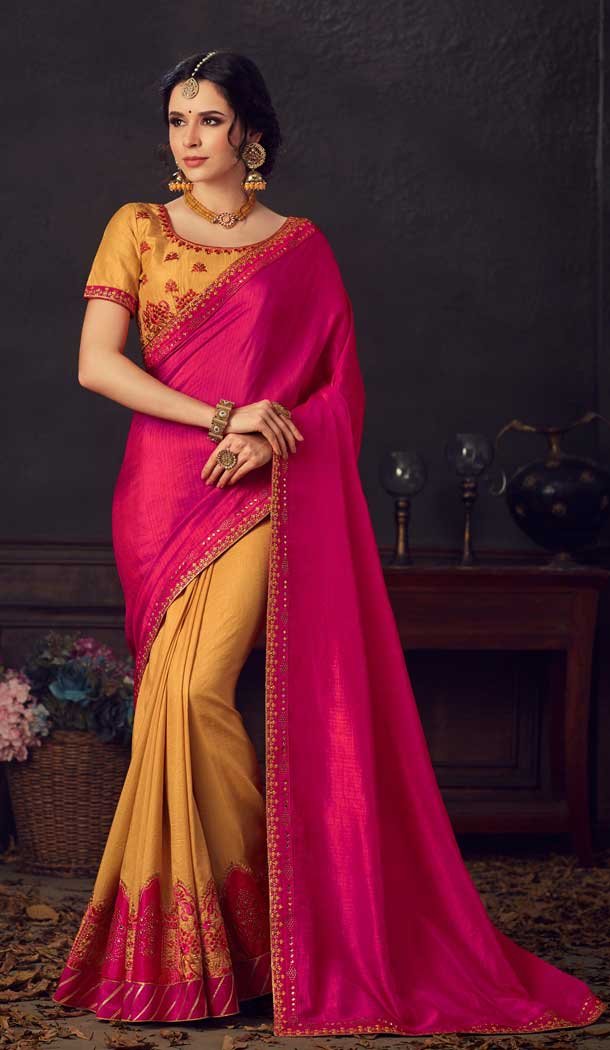 Pink And Yellow Color Poly Silk Traditional Party Wear Saree Blouse -733690889