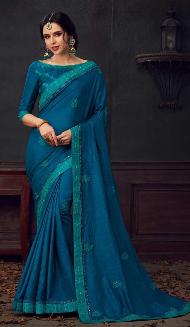 Contemporary Blue Color Poly Silk Traditional Party Wear Saree Blouse -733690892