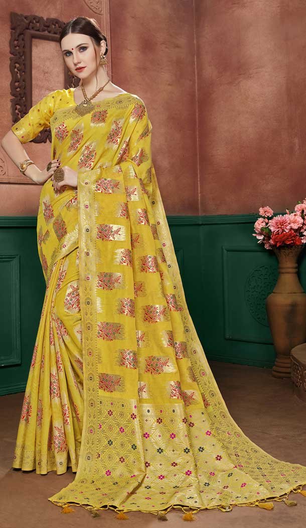 Yellow Color Banarasi Cotton Silk Designer Party Wear Saree 741791732