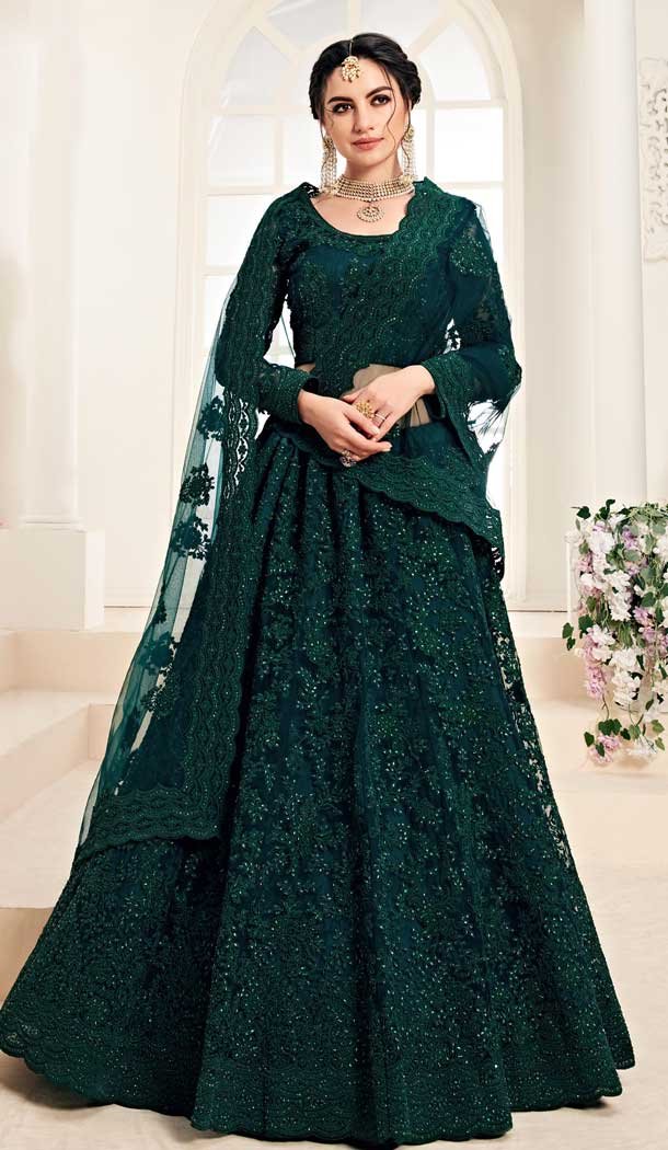 Deep Green Color Net Designer Embroidred Plus Size Lehenga Choli -742591837