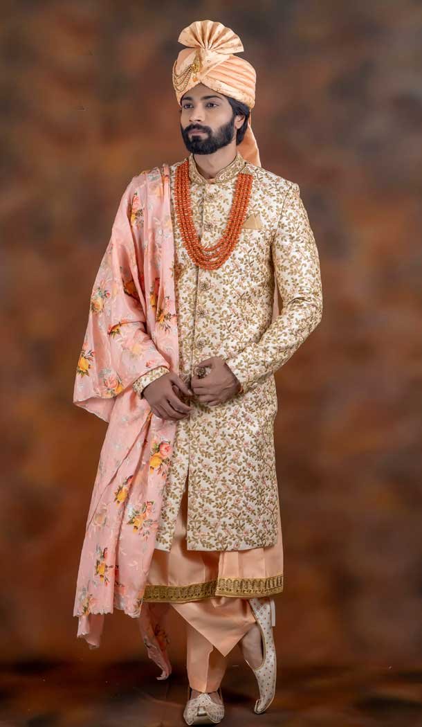 Style Cream Color Jacquard Designer Wedding Plus Size Men Sherwani -741991757