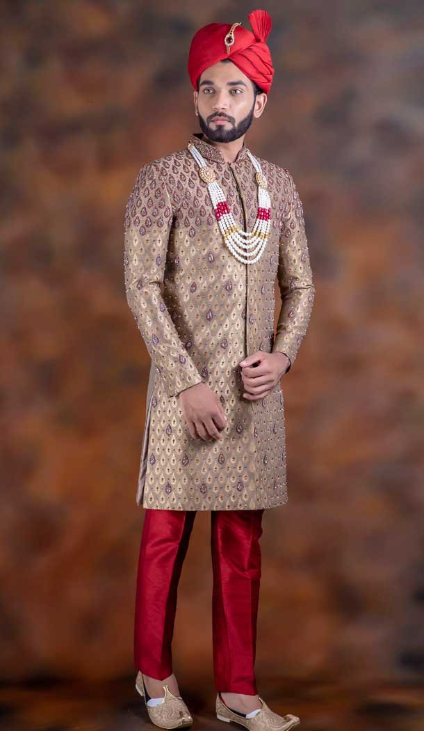 Gorgeous Beige Color Jacquard Designer Wedding Plus Size Men Sherwani -741991760