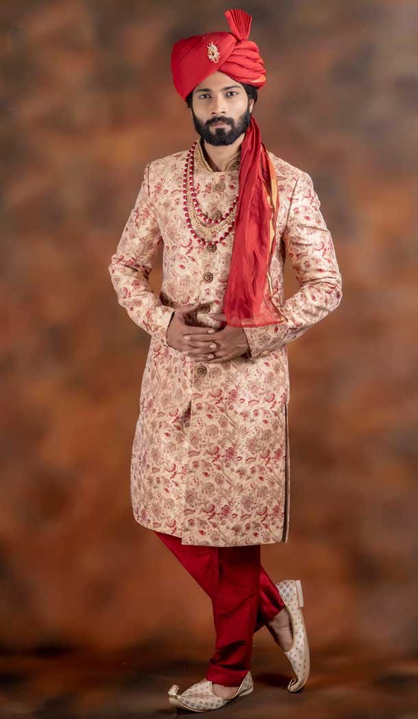 Marvelous Cream Color Jacquard Designer Wedding Plus Size Men Sherwani -741991763