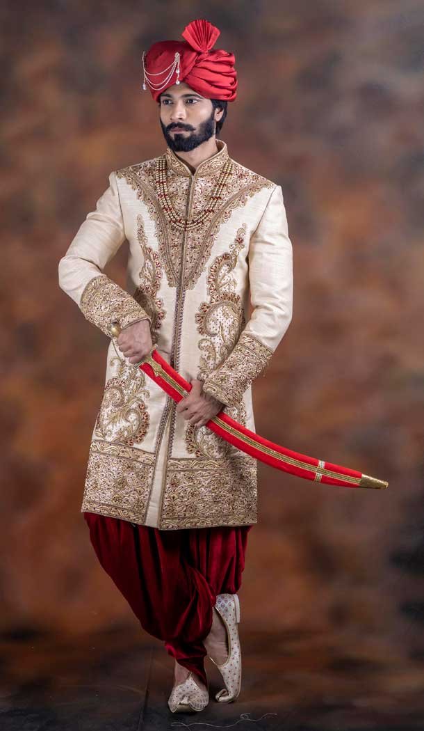Adorable Off White Color Jacquard Designer Wedding Plus Size Men Sherwani -741991776