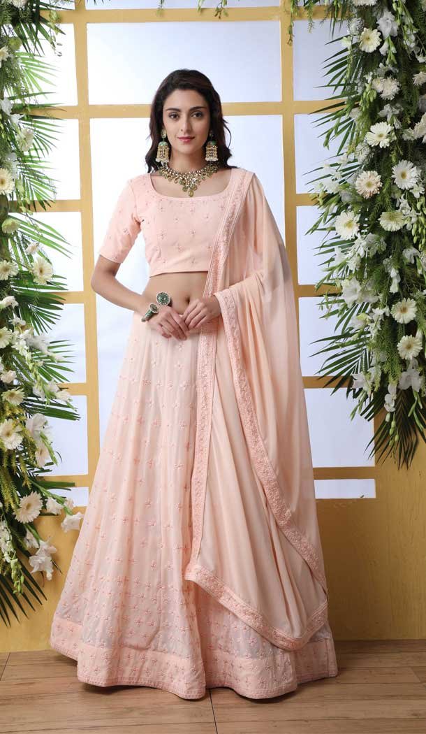 Fancy Peach Color Georgette Heavy Designer Embroidery Lehenga Choli -747892396