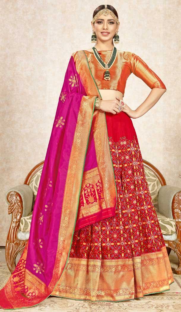 Dazzling Diva Red Color Banarasi Silk Designer Wedding Lehenga Choli -748092412