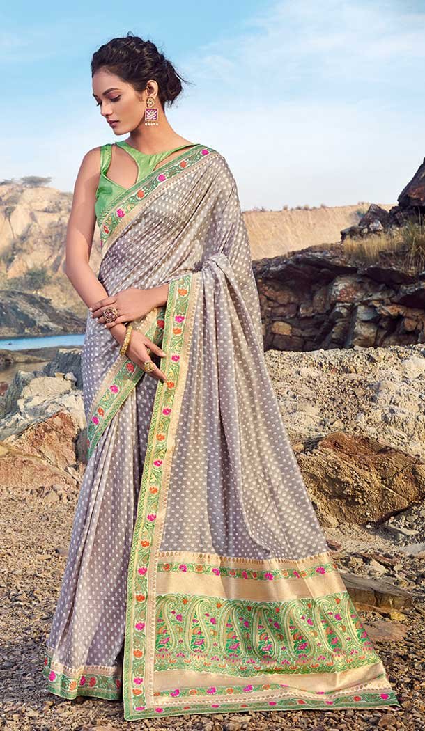 Attractive Grey Colour Chanderi Silk Traditional Party Wear Saree Blouse -752192741