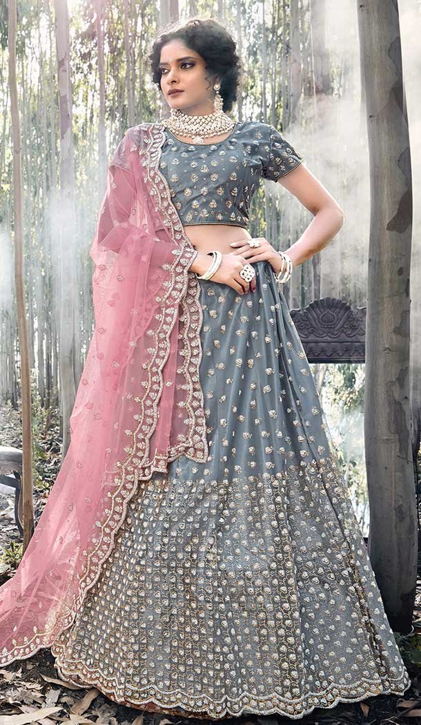 red and grey bridal lehenga
