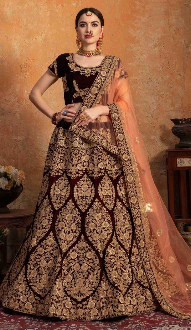 Elegant Maroon Color Pure Velvet Designer Wedding Lehenga Choli -752292746