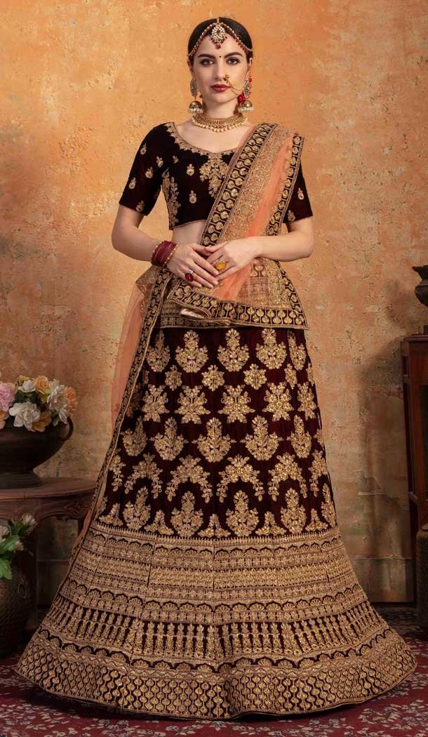 Exquisite Maroon Color Pure Velvet Designer Wedding Lehenga Choli -752292747